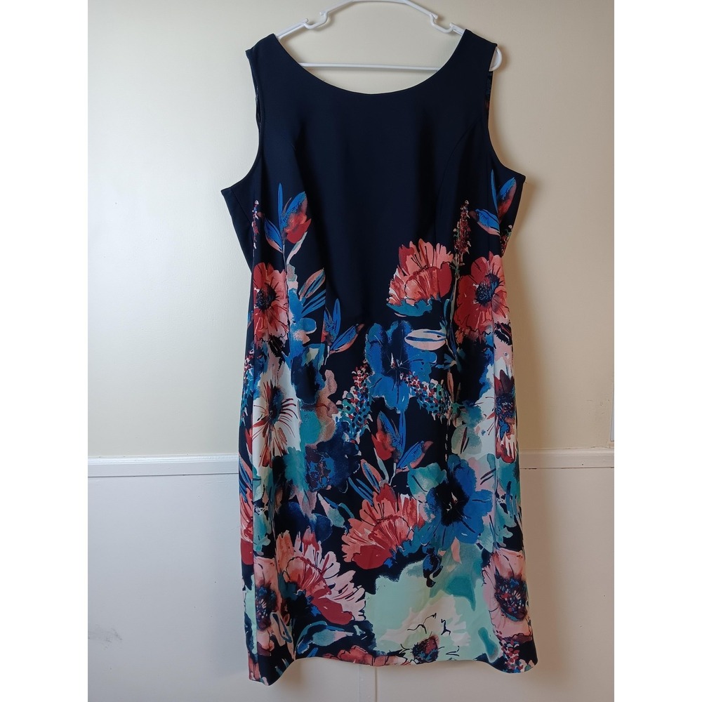Maya Brooke Dress Womens 18W Blue Floral Sheath Scoop Neck Knee Length Stretch